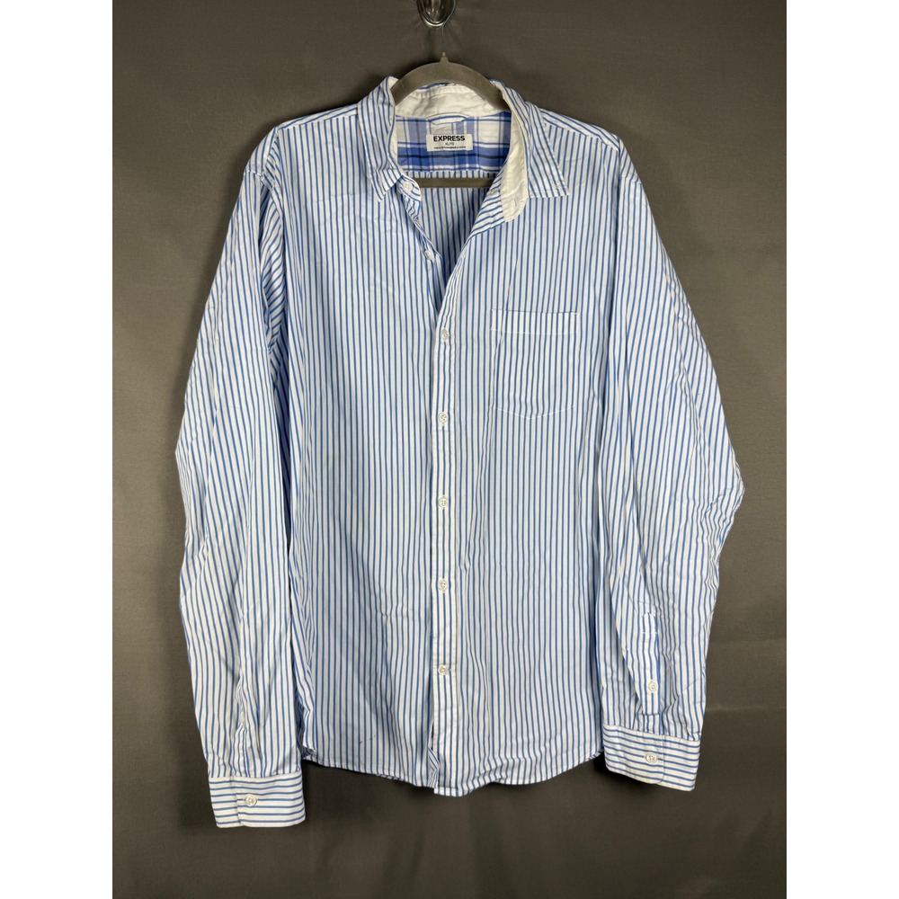 Express Button Down Shirt Mens XL Blue White Striped Long Sleeve Cotton Pocket